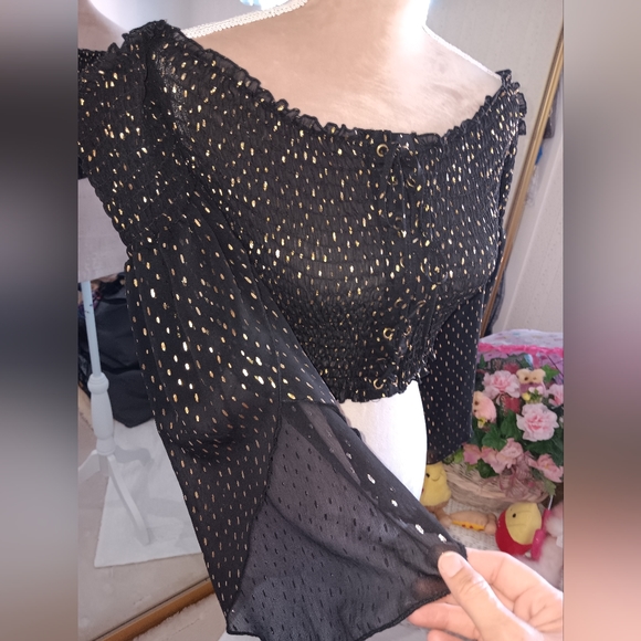 Charlotte Russe ~ Black Metallic Gold Dot Lace-Up Crop Top – 90s Retro - Picture 14 of 14